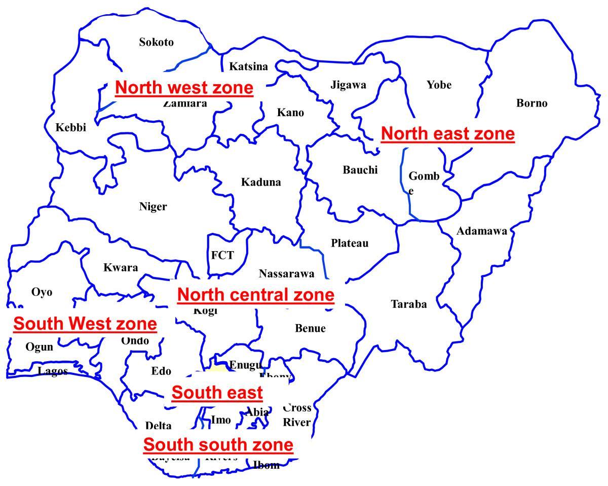 karta Nigeriji, sa naznakom šest geopolitičke zone