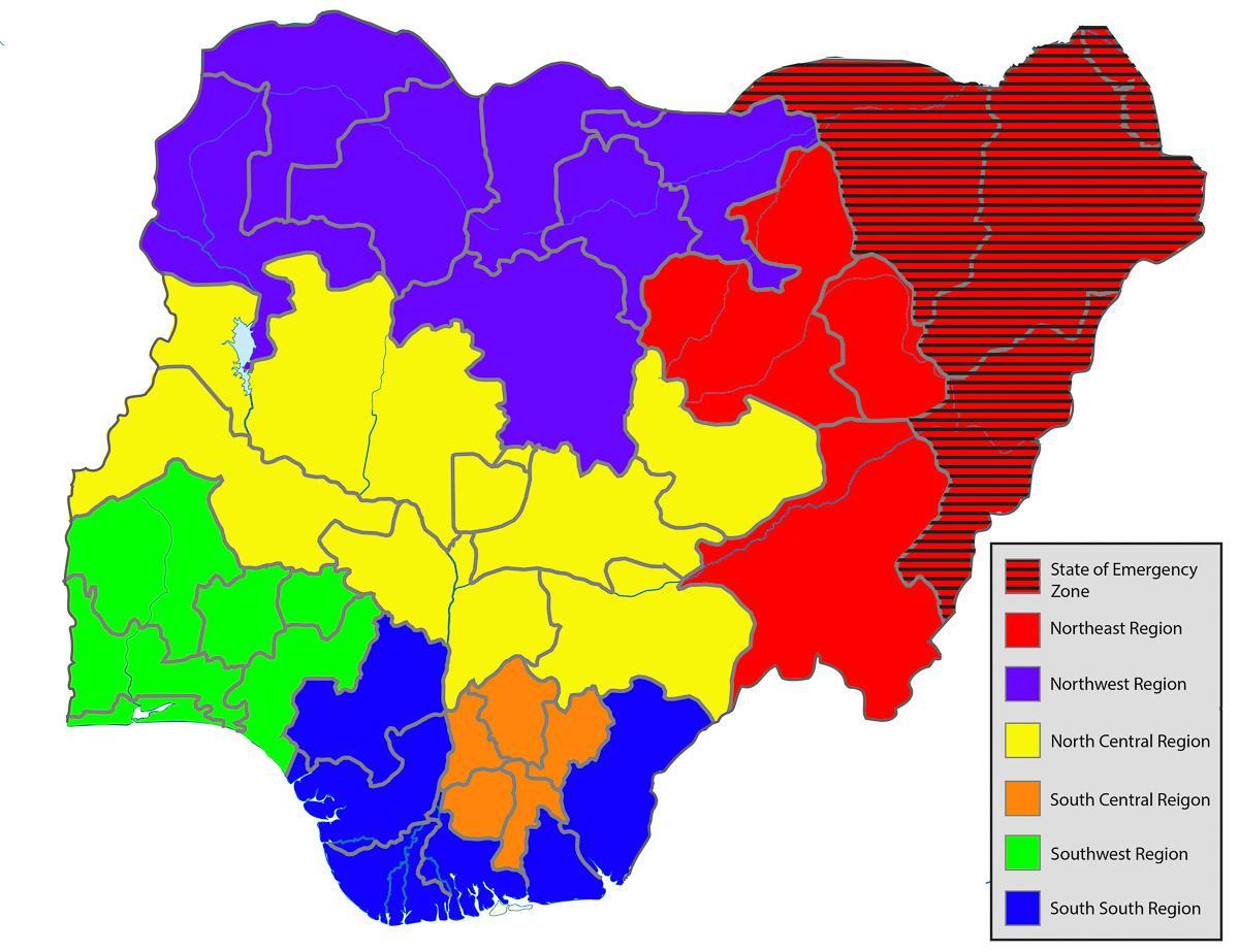 karta Nigeriji s naznakom svih država
