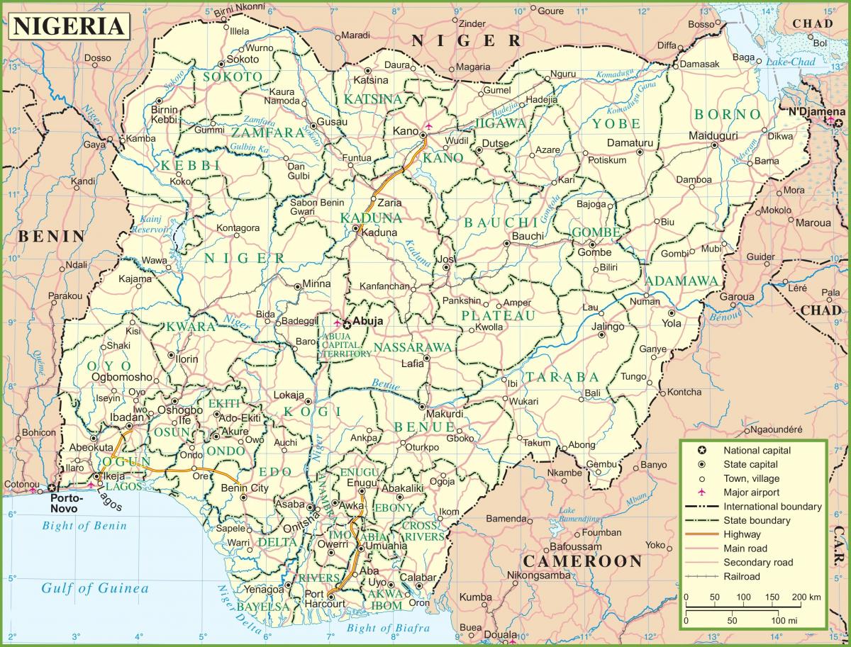 karta Nigeriji s naznakom glavnih prometnica