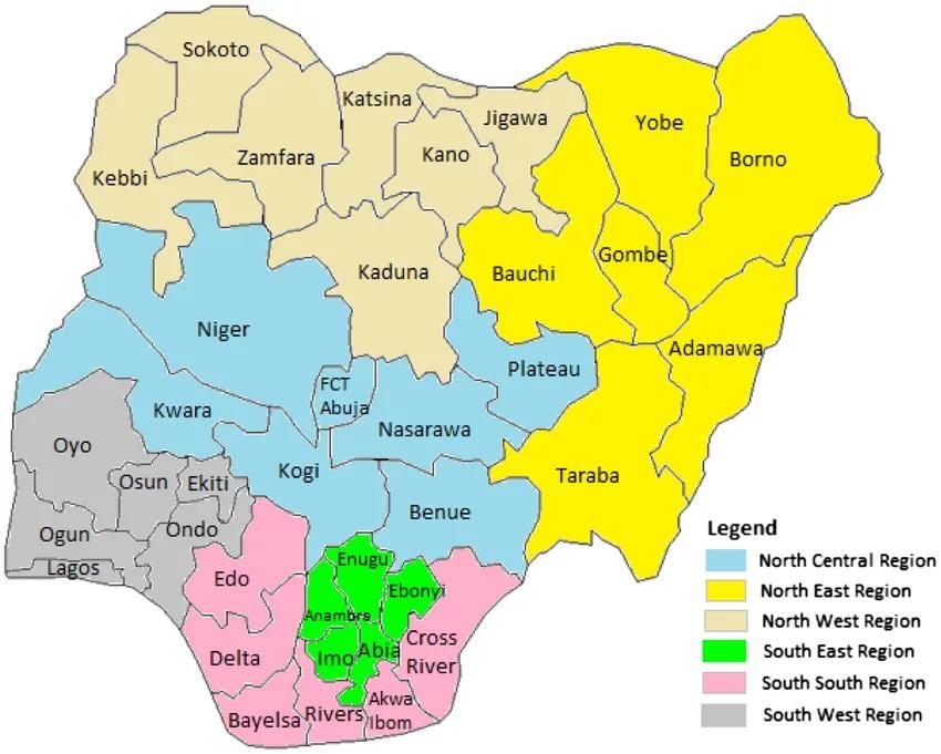 Karta Nigeriji, sa naznakom geopolitičke zone