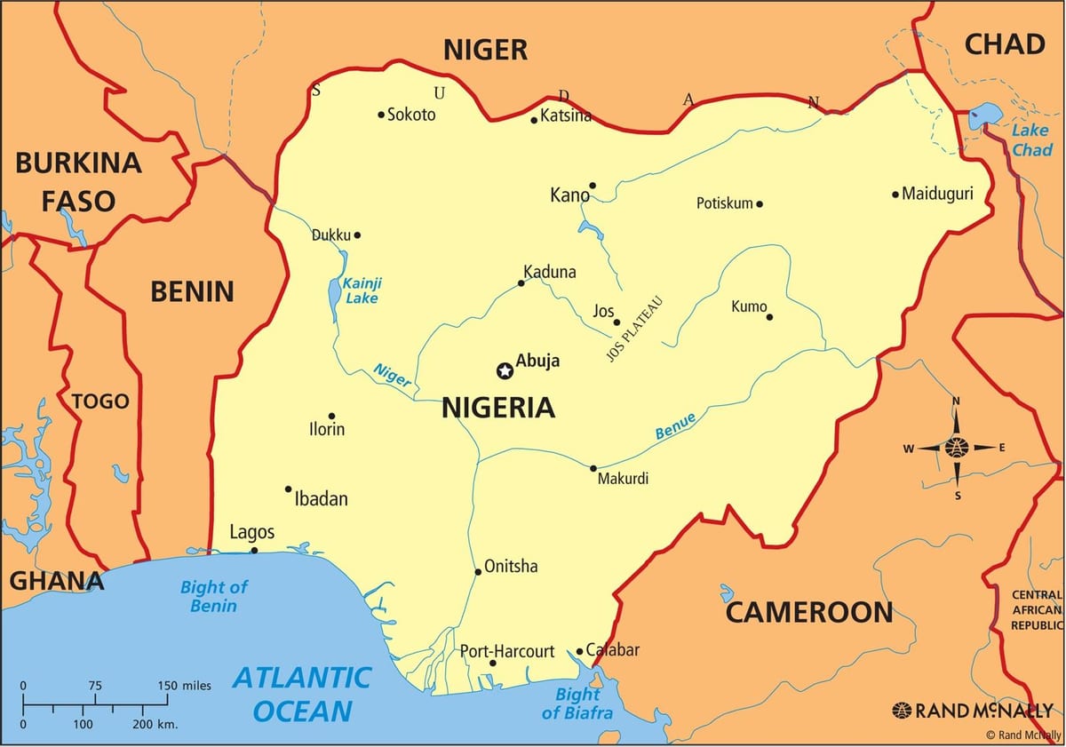 karta Nigeriji, sa naznakom rijeke Niger i бенуэ