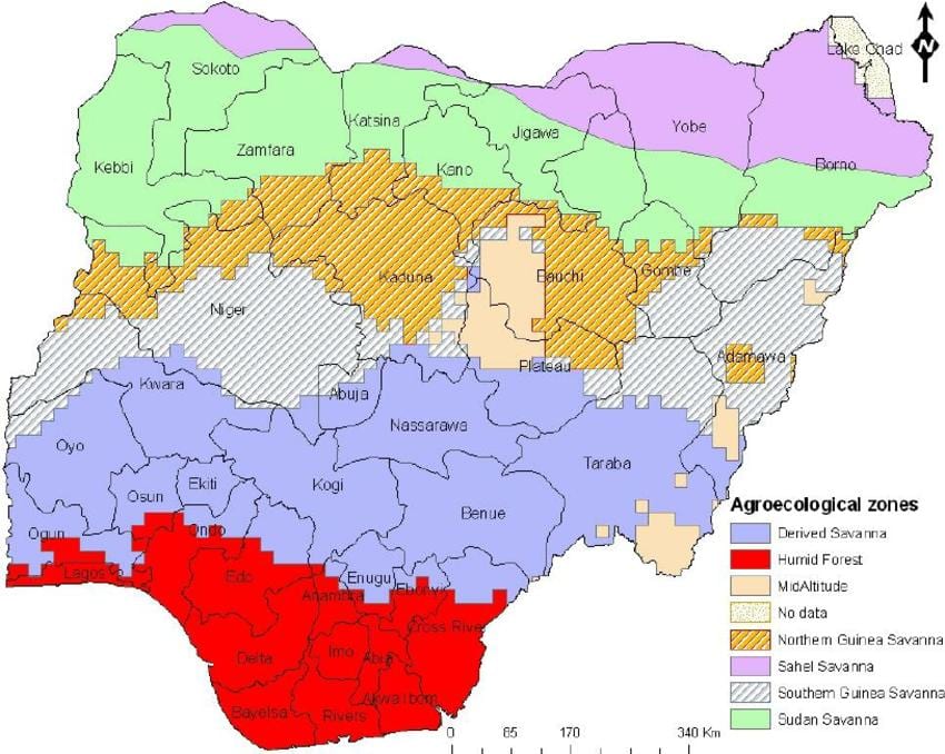 Karta Nigeriji ukazuje na ekološke zone