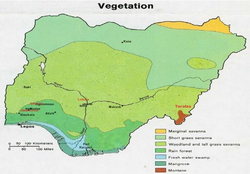 karta Nigeriji, sa naznakom vegetacije