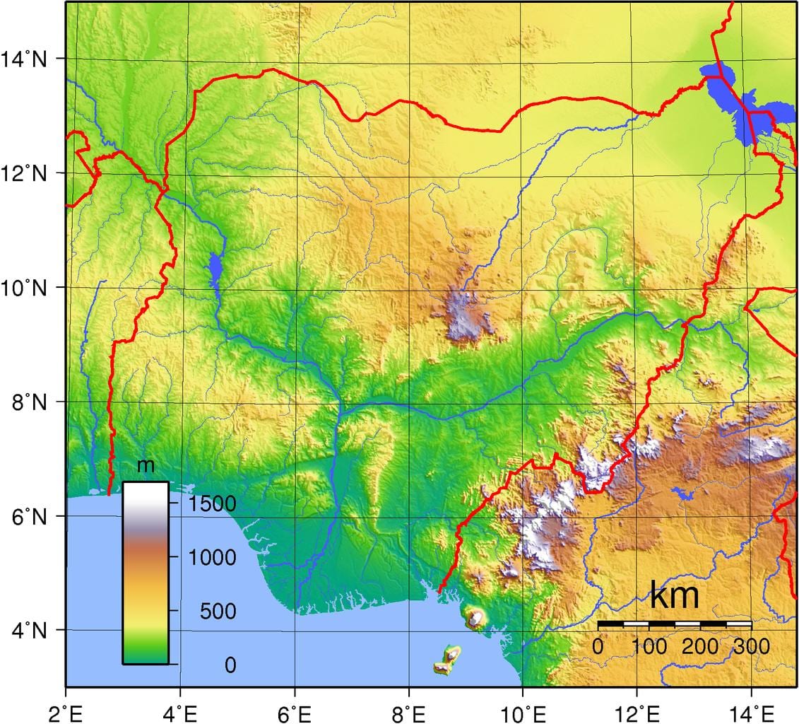 Karta Nigeriji topografski
