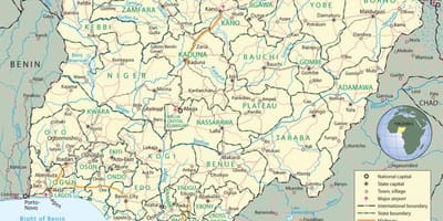 Karta Nigeriji s naznakom država i glavnih gradova
