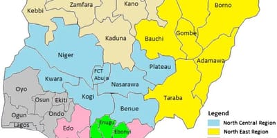 Karta Nigeriji, sa naznakom geopolitičke zone