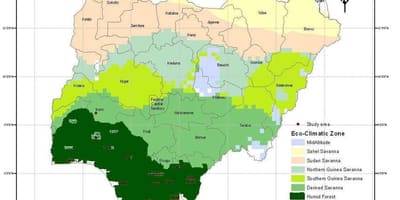 Karta Nigeriji ukazuje na klimatske zone