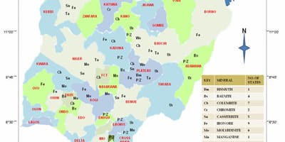 Karta Nigeriji, sa naznakom minerala