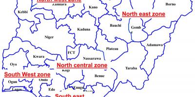 Karta Nigeriji, sa naznakom šest geopolitičke zone