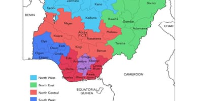 Karta Nigeriji, sa naznakom geopolitičke zone